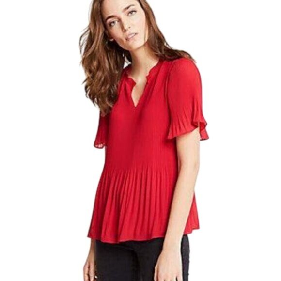 Ann Taylor Blouse Size Medium Short Sleeve Pleated Top Keyhole Neck Red Office - Picture 1 of 8
